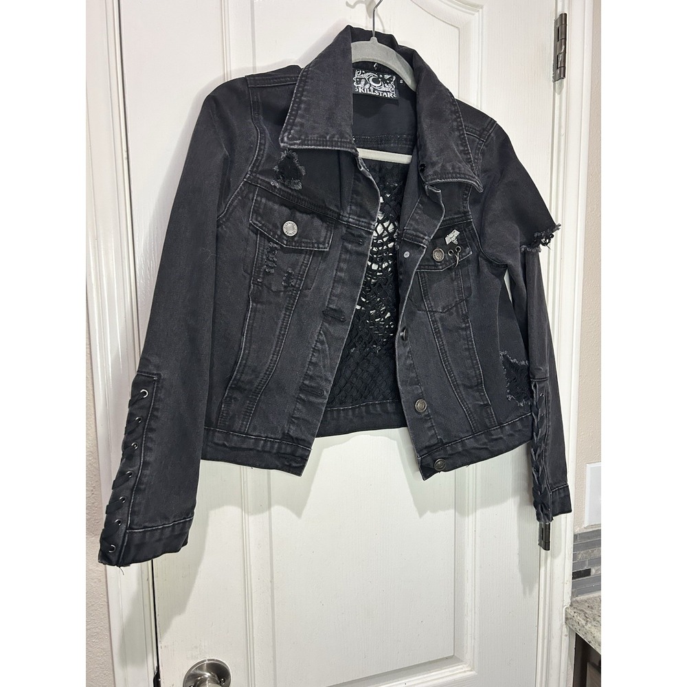 Killstar Dark Daze black Denim Distressed Jacked Corset Lace Sz Small Skull Goth